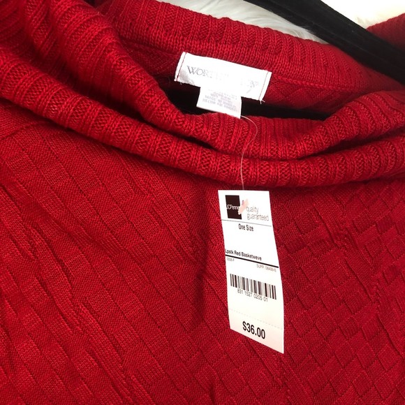 Lipstick Red Basketweave Knit Poncho Sweater w/Chunky Fringe, Cowl Neck sz OS - Picture 7 of 7